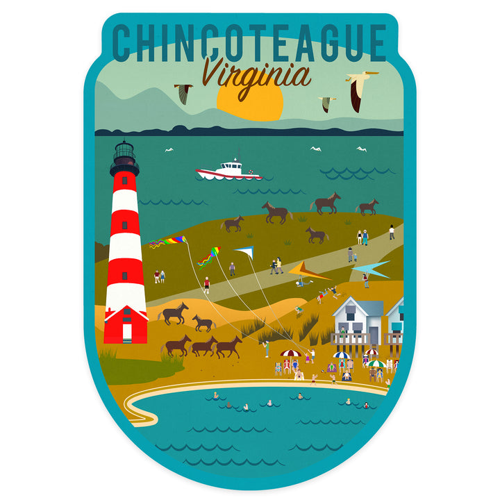 Chinconteague, Virginia, Beach, Ocean, & Lighthouse, Geometric, Contour, Lantern Press Artwork, Vinyl Sticker