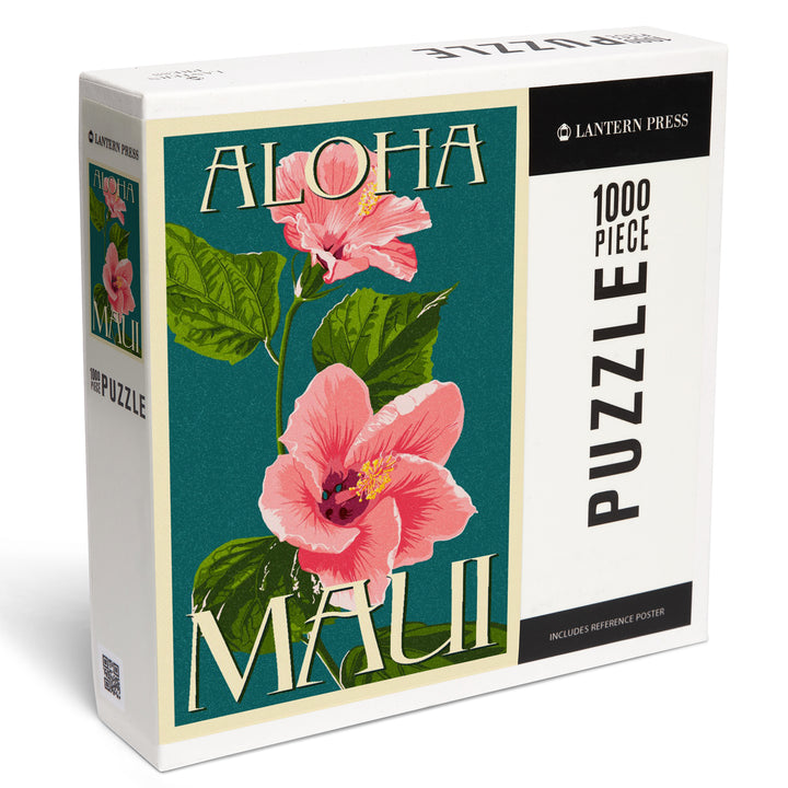 Maui, Hawaii, Aloha, Pink Hibiscus, Letterpress, Jigsaw Puzzle