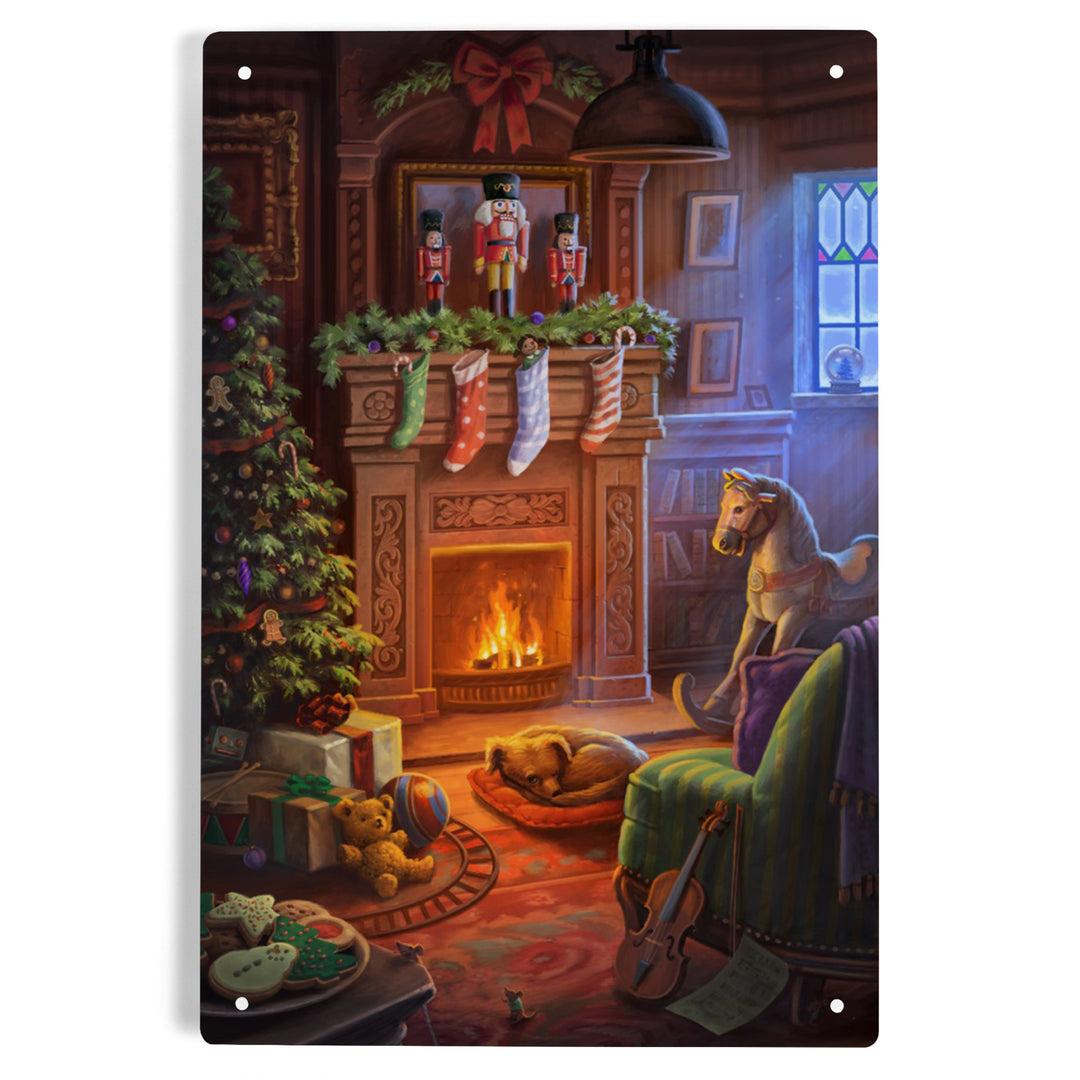 Christmas Morning, Stockings above Fireplace, Metal Signs