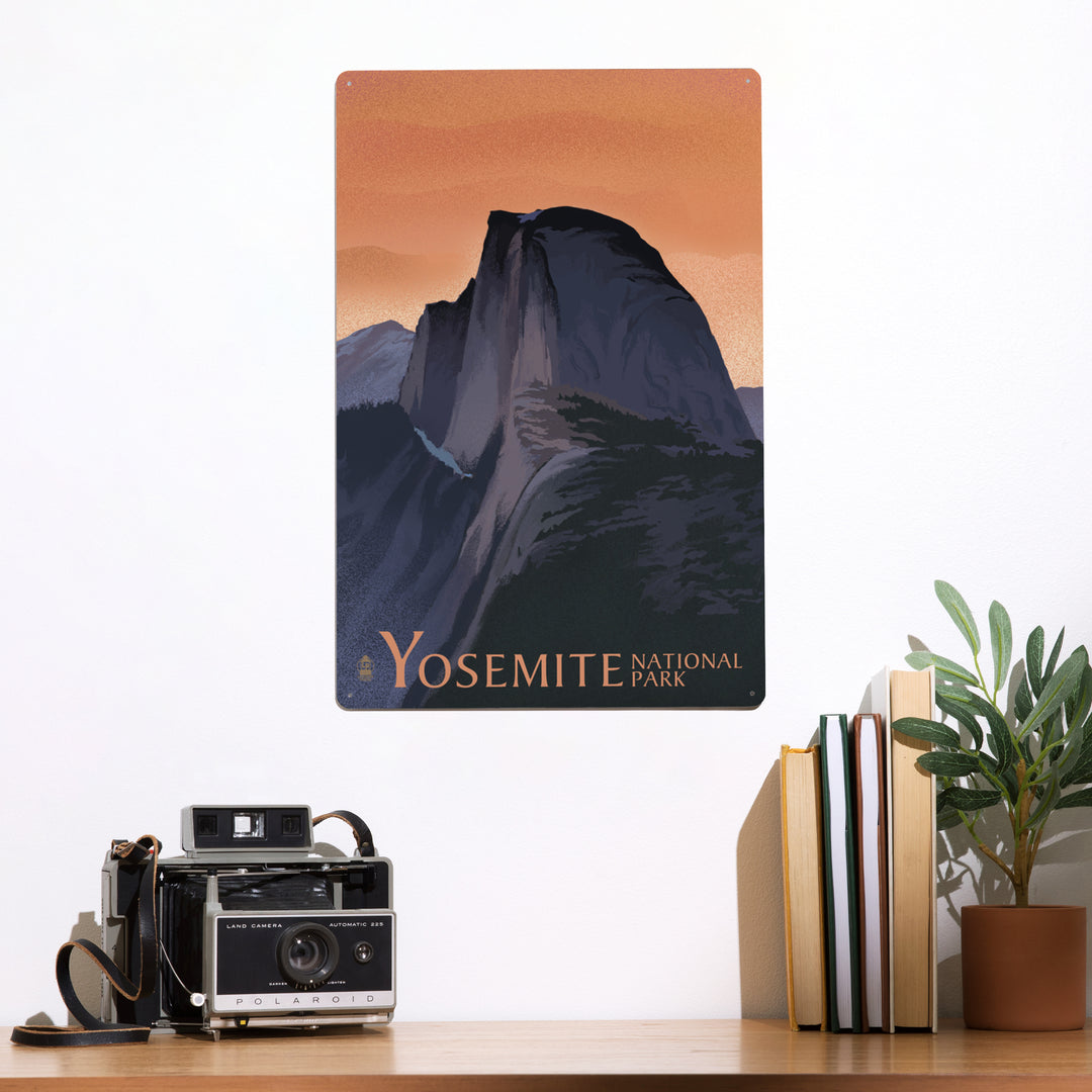 Yosemite National Park, California, Half Dome, Orange Sky, Lithograph, Metal Signs