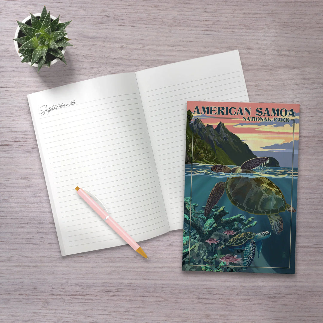 Lined 6x9 Journal, American Samoa National Park, American Samoa, Sea Turtles and Sunset, Painterly Series, Lay Flat, 193 Pages, FSC paper