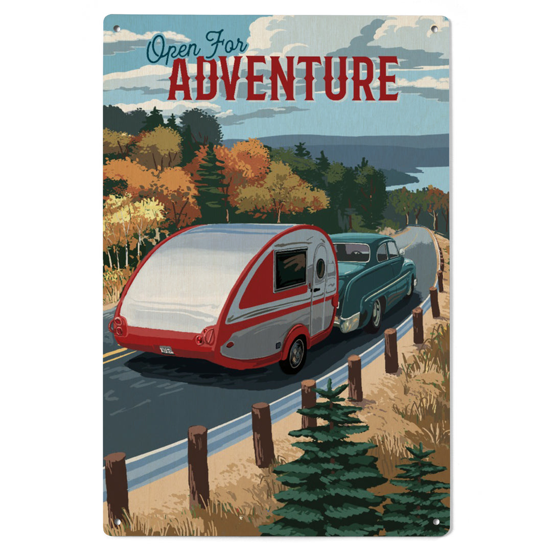 Open for Adventure, Retro Camper on Road, Painterly, Wood Signs and Postcards