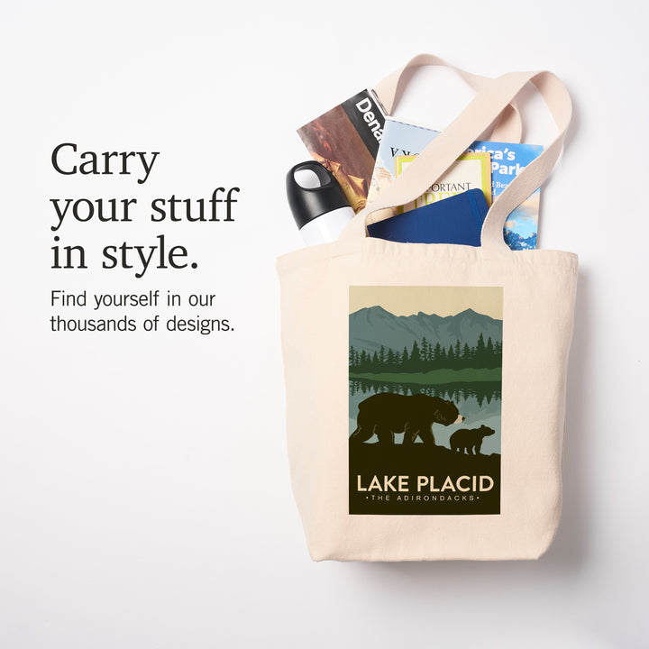 Lake Placid, New York, The Adirondacks, Grizzly Bears, Vector, Lantern Press Artwork, Tote Bag
