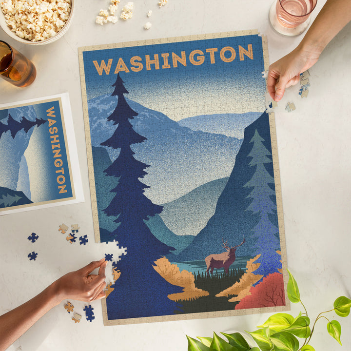 Washington, Elk and Mountain Scene, Lithograph, Jigsaw Puzzle
