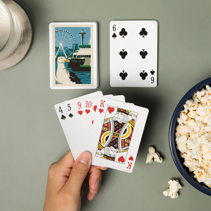 Playing Cards, Seattle, Washington, Woodblock City Series, Waterfront, 52 Card Deck with Jokers in Box, Unique Art