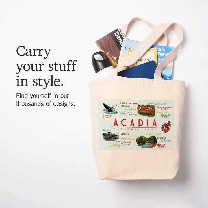 Acadia National Park, Maine, Typogrphy and Icons, Tote Bag