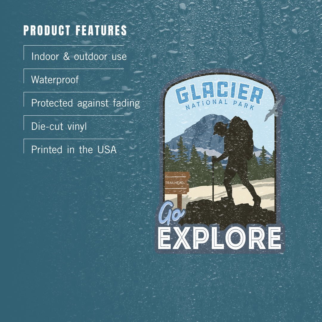 Glacier National Park, Montana, Go Explore, Backpacker, Contour, Lantern Press Artwork, Vinyl Sticker