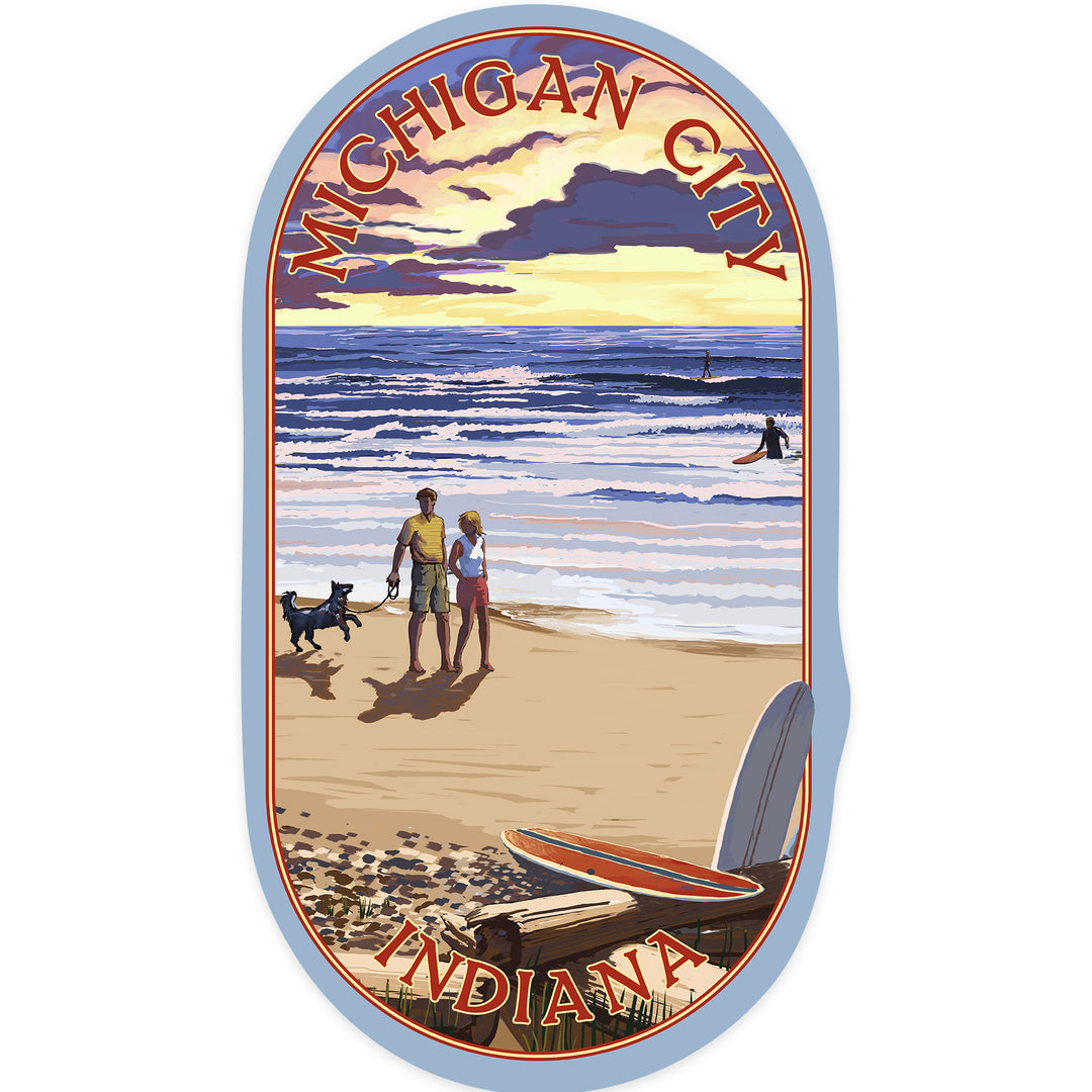 Michigan City, Indiana, Sunset on Beach, Contour, Vinyl Sticker