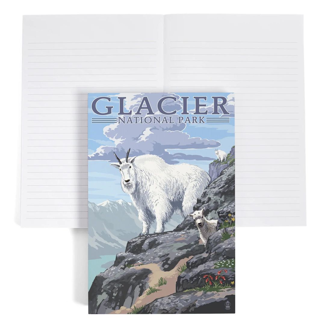 Lined 6x9 Journal, Glacier National Park, Montana, Mountain Goat and Kid, Illustration, Lay Flat, 193 Pages, FSC paper