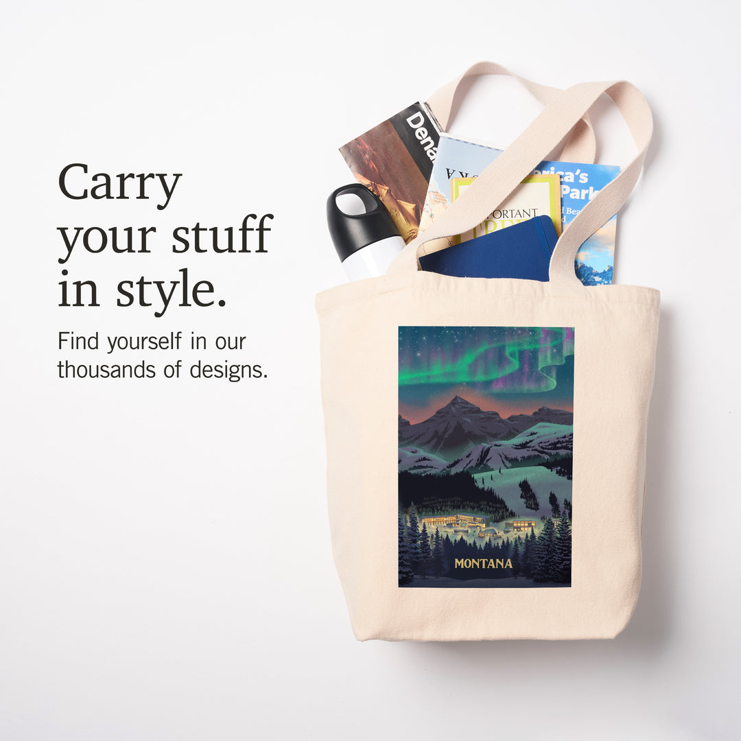 Montana, Village under Northern Lights, Tote Bag