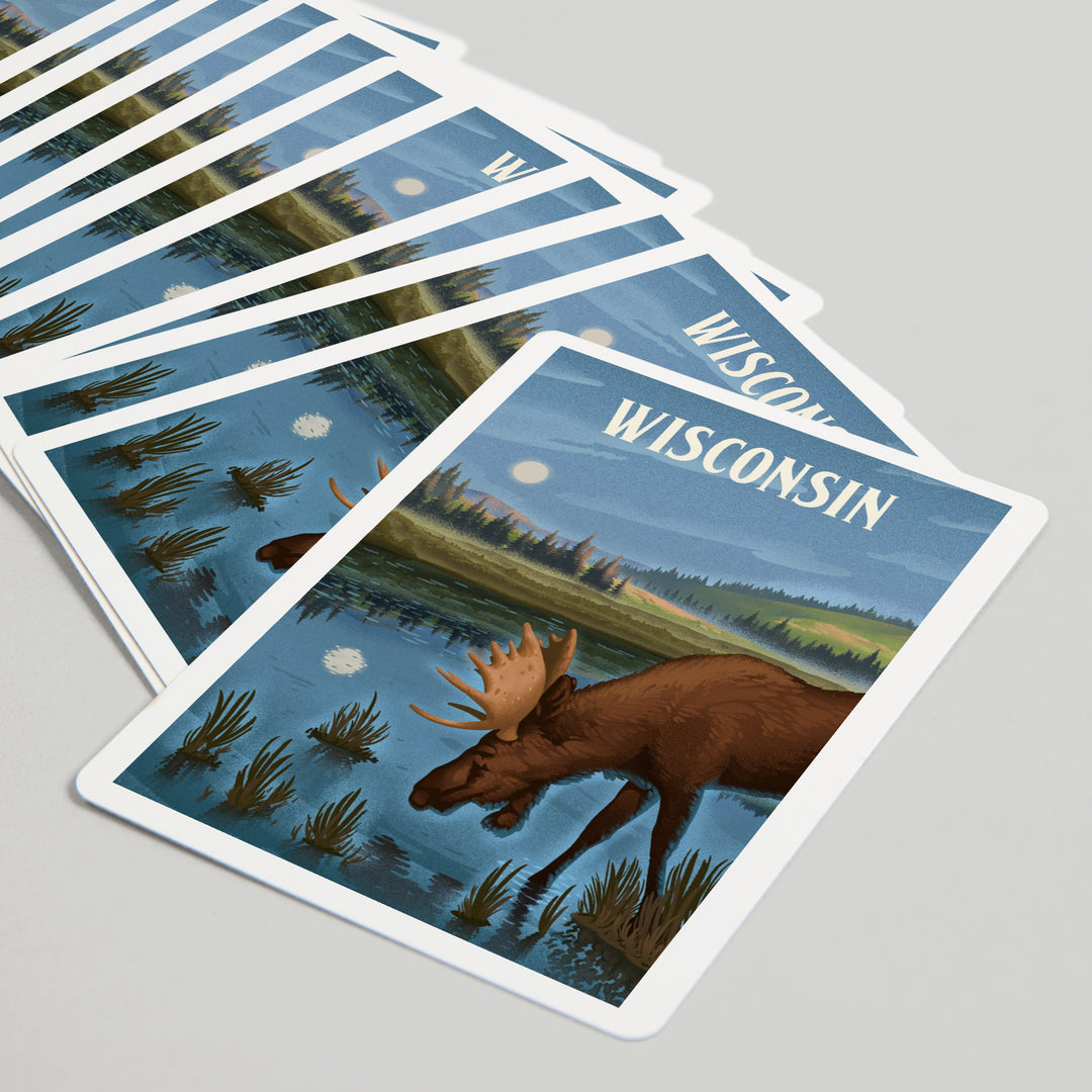 Playing Cards, Wisconsin, Lithograph, Reflection Pond and Bull Moose, 52 Card Deck with Jokers in Box, Unique Art