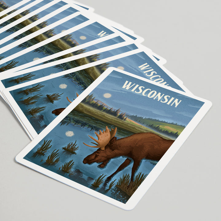 Playing Cards, Wisconsin, Lithograph, Reflection Pond and Bull Moose, 52 Card Deck with Jokers in Box, Unique Art