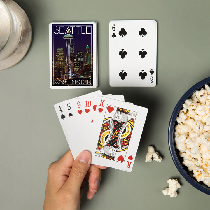 Playing Cards, Seattle, Washington, Space Needle Christmas at Night, 52 Card Deck with Jokers in Box, Unique Art