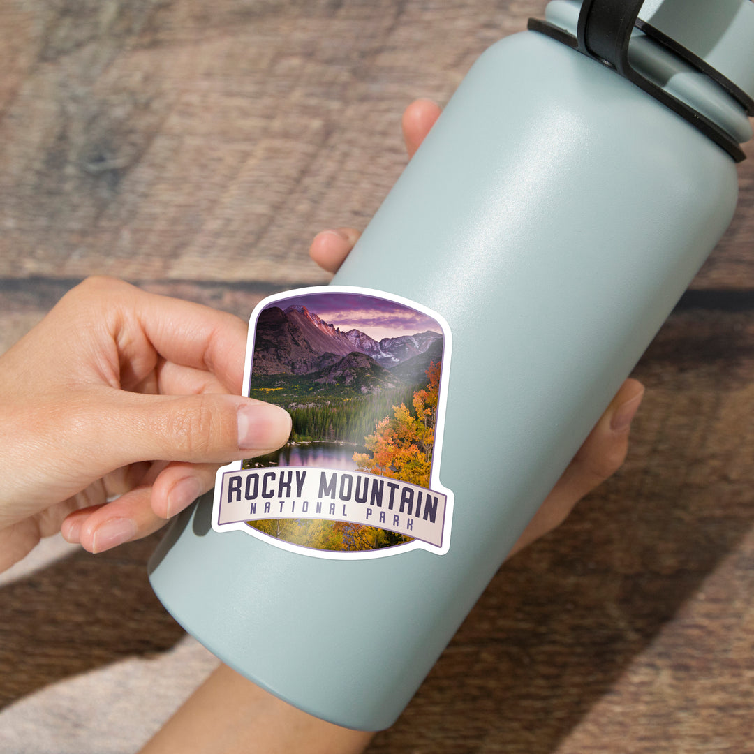Rocky Mountain National Park, Colorado, Purple Sunset & Lake, Alt Contour, Lantern Press Photography, Vinyl Sticker