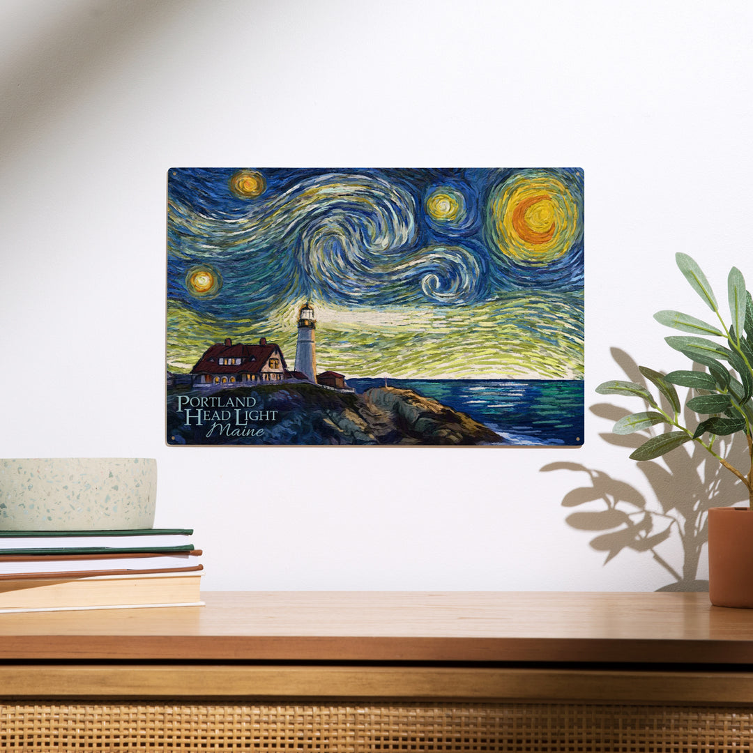 Cape Elizabeth, Maine, Portland Head Lighthouse, Starry Night, Wood Sign and Postcards