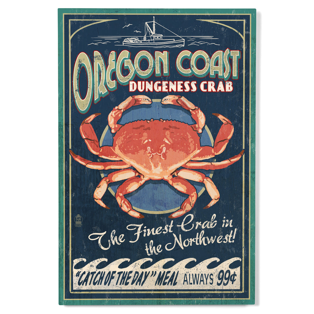 Oregon Coast, Dungeness Crab Vintage Sign, Lantern Press Artwork, Wood Signs and Postcards