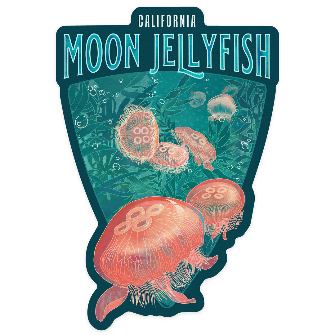 California, Fluid Linework, Moon Jellyfish, Contour, Vinyl Sticker - Lantern Press