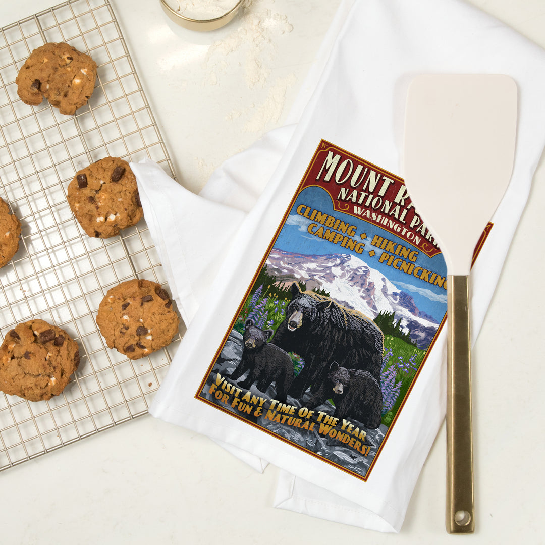 Mount Rainier National Park, Bear Family Vintage Sign, Organic Cotton Kitchen Tea Towels