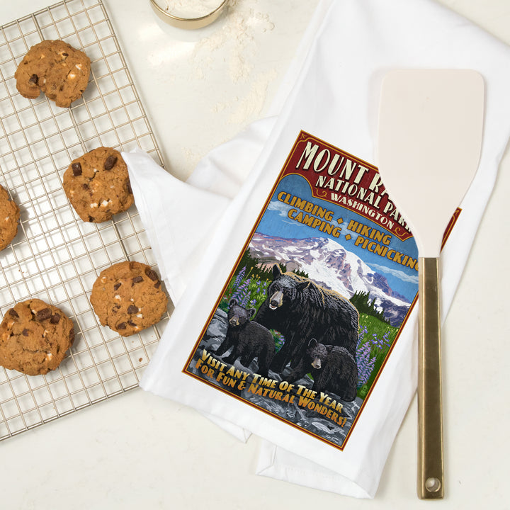 Mount Rainier National Park, Bear Family Vintage Sign, Organic Cotton Kitchen Tea Towels