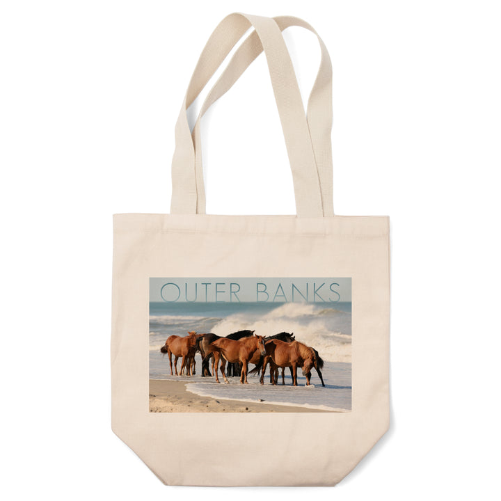 Outer Banks, North Carolina, Horses on Beach, Lantern Press Photography, Tote Bag