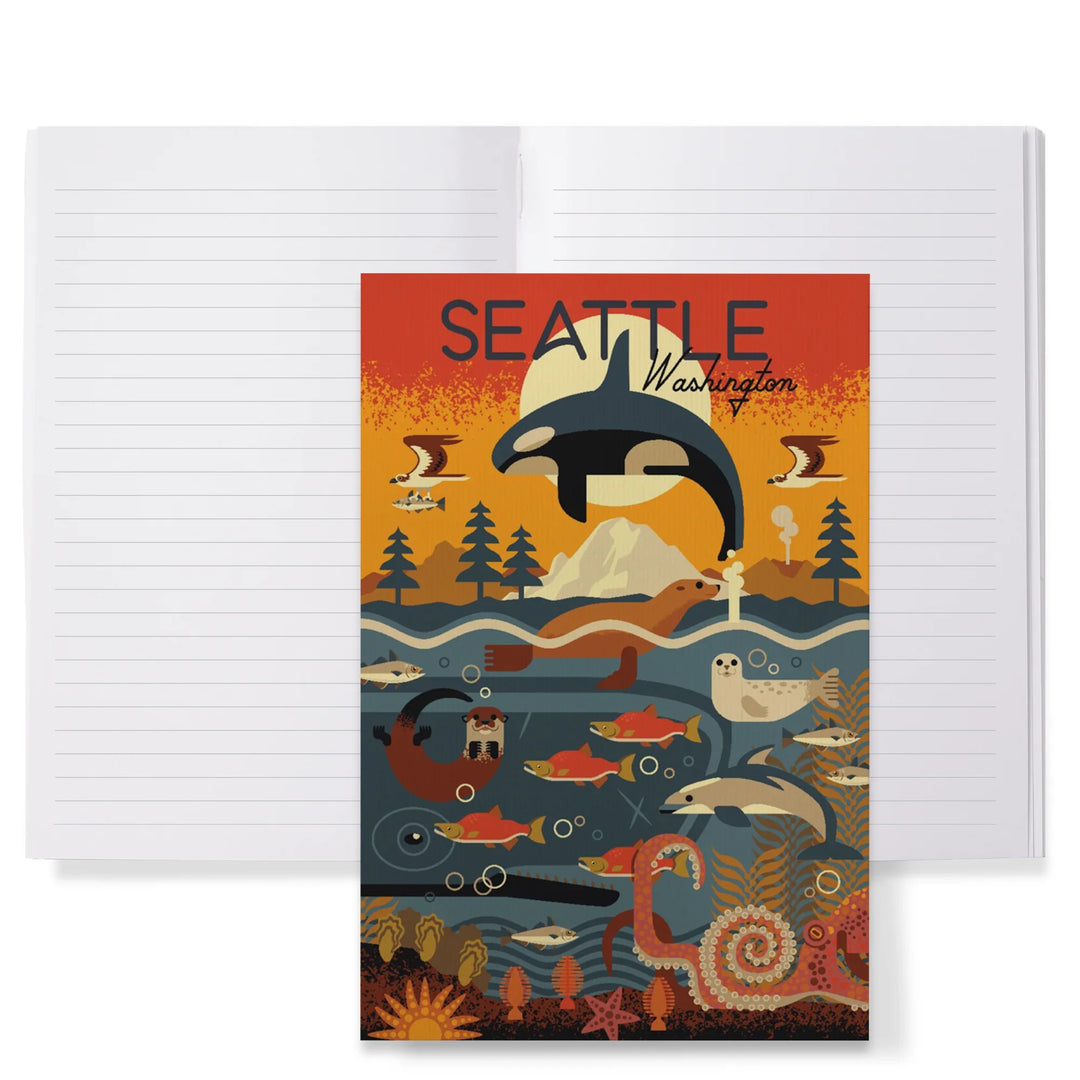 Lined 6x9 Journal, Seattle, Washington, Marine Animals, Geometric, Lay Flat, 193 Pages, FSC paper
