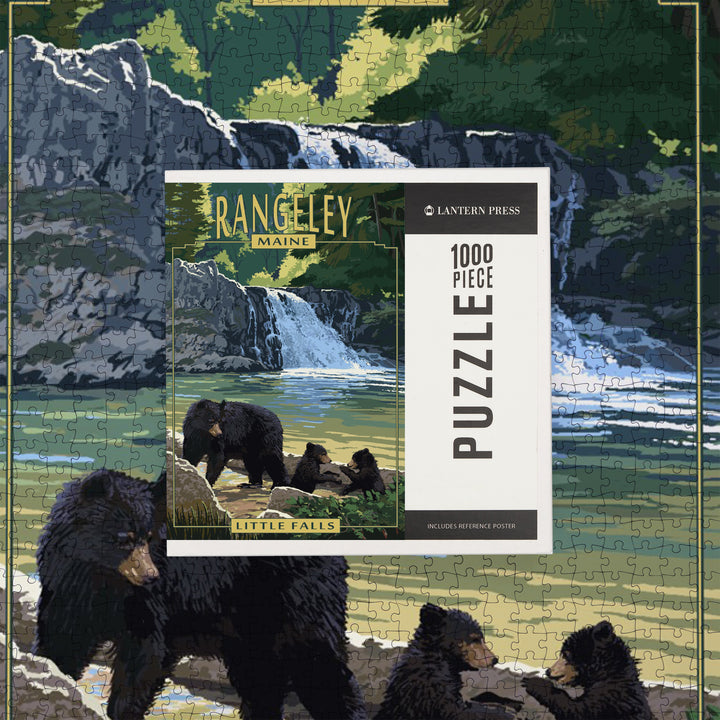 Rangeley, Maine, Painterly, Little Falls, Black Bear and Cubs, Jigsaw Puzzle