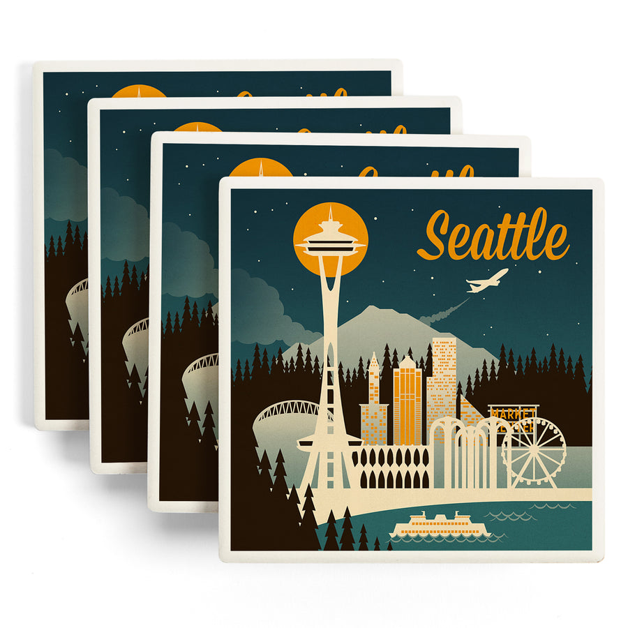 Seattle, Washington, Retro Skyline, Lantern Press Artwork, Coaster Set
