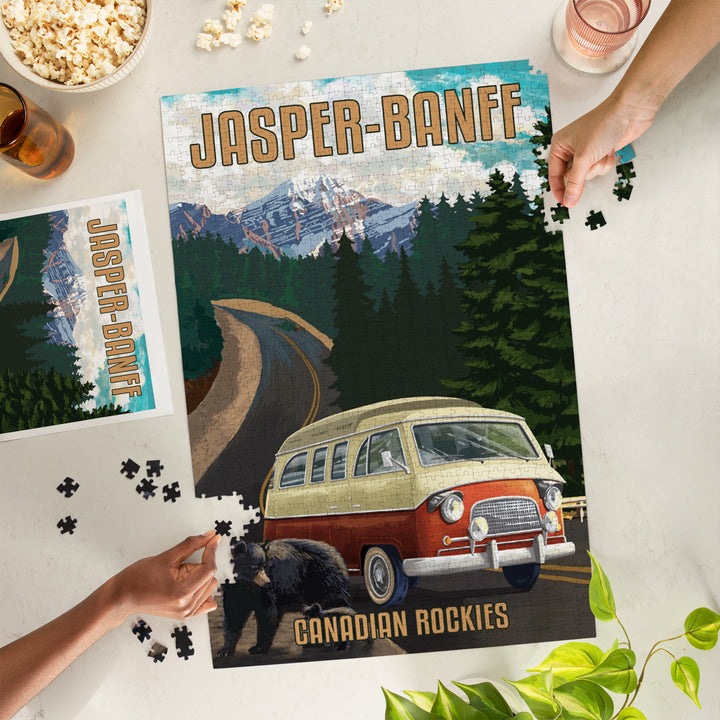 Jasper, Banff, Canada, Canadian Rockies, Bears and Camper Van, Painterly, Jigsaw Puzzle