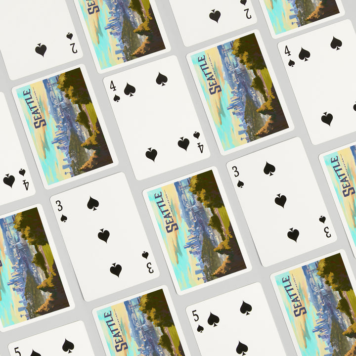 Playing Cards, Seattle, Washington, Skyline, Oil Painting, 52 Card Deck with Jokers in Box, Unique Art
