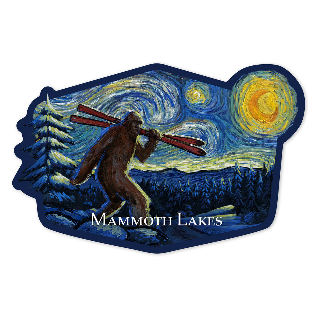 Mammoth Lakes, California, Winter Bigfoot with Skis, Starry Night, Contour, Vinyl Sticker
