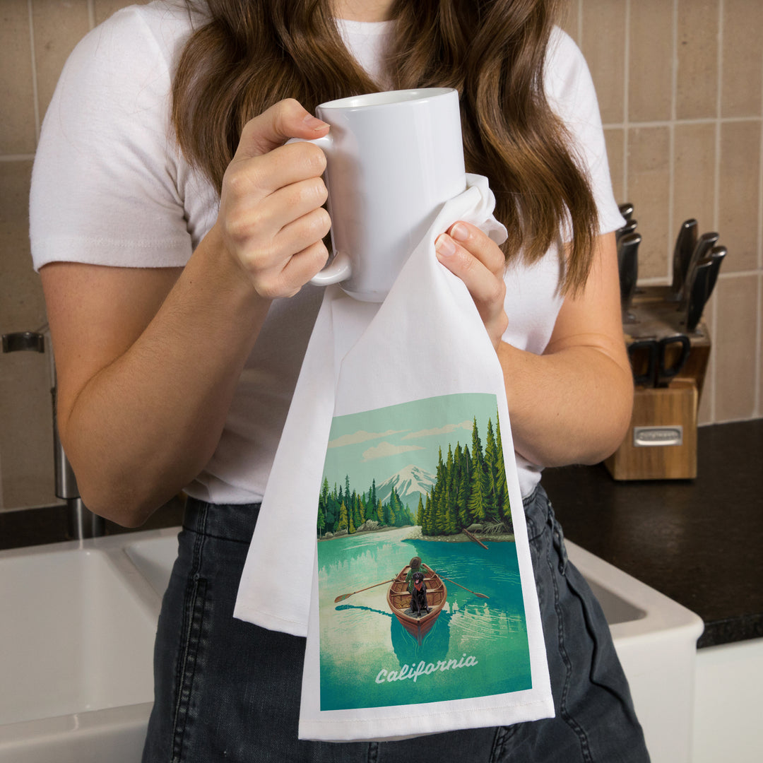 California Quiet Explorer Boating, Organic Cotton Kitchen Tea Towels - Lantern Press