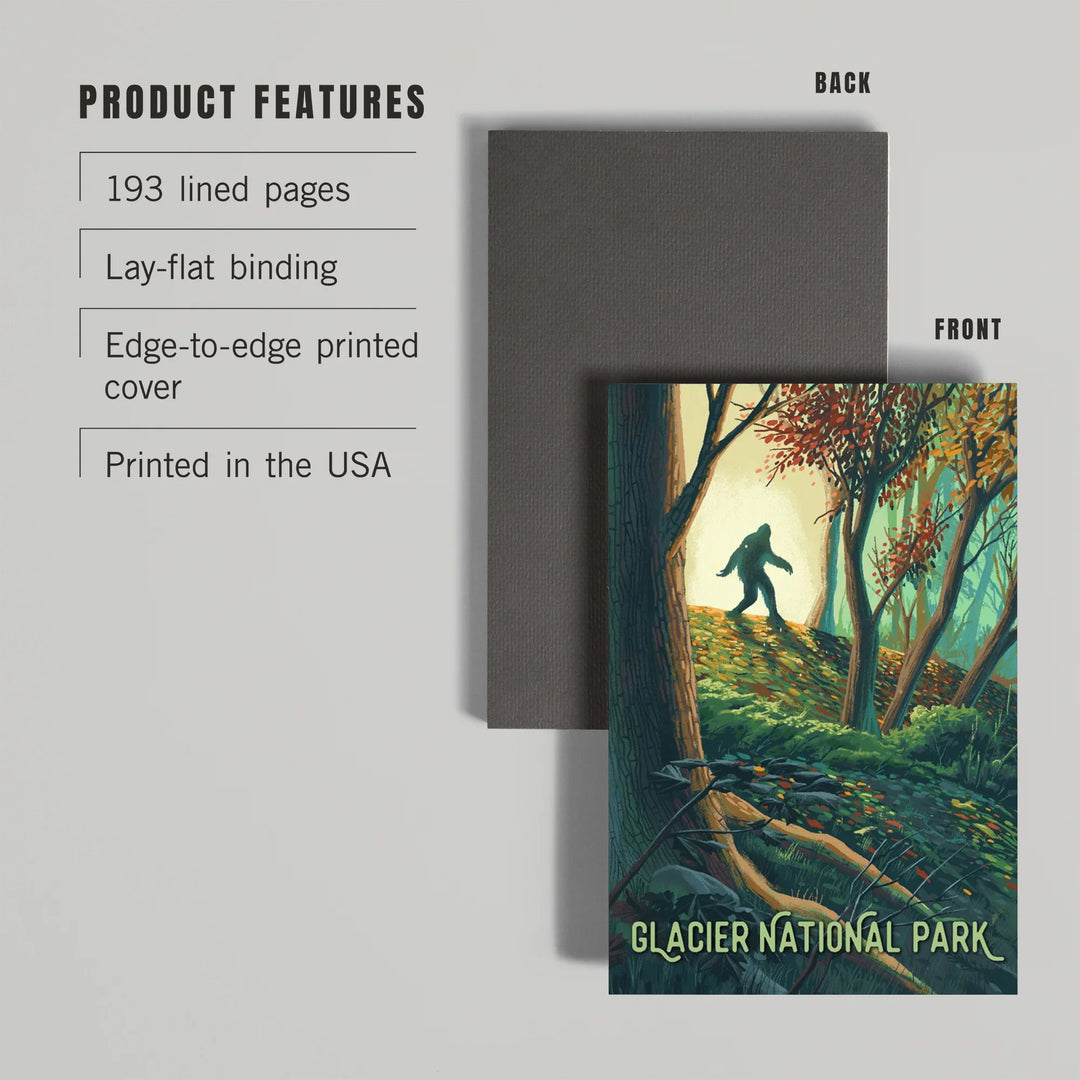 Lined 6x9 Journal, Glacier National Park, Montana, Wanderer, Bigfoot in Forest, Lay Flat, 193 Pages, FSC paper