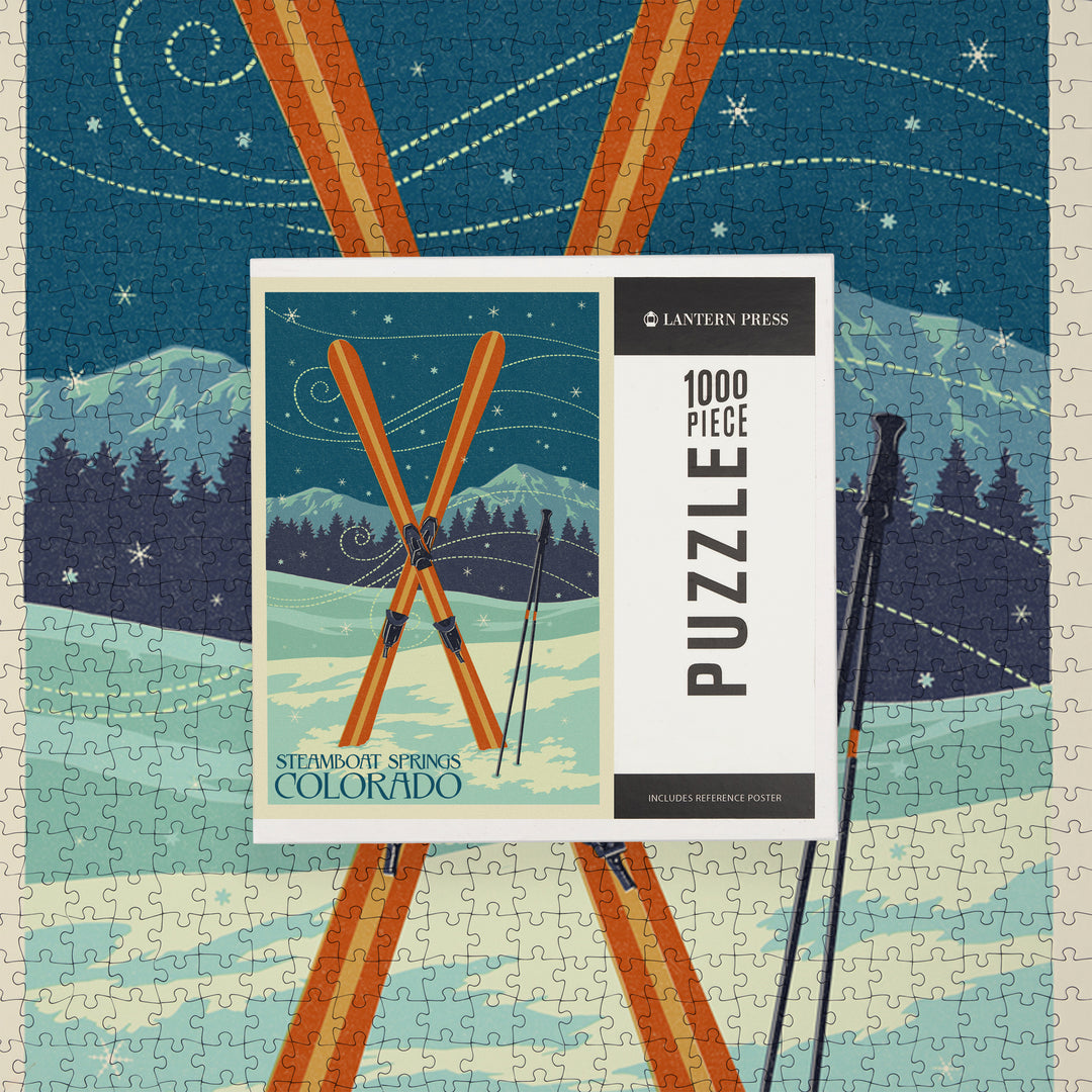 Steamboat Springs, Colorado, Crossed Skis, Letterpress, Jigsaw Puzzle