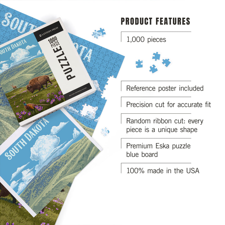 South Dakota, Painterly, Bison and Pheasant, 1000 Piece Jigsaw Puzzle