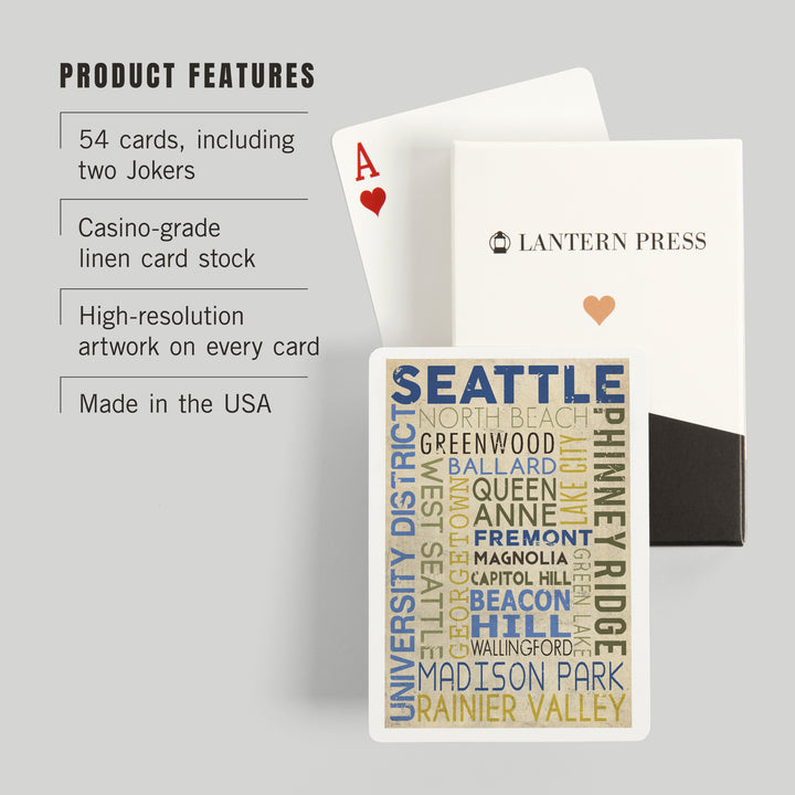 Playing Cards, Seattle, Washington, Neighborhoods Typography, 52 Card Deck with Jokers in Box, Unique Art