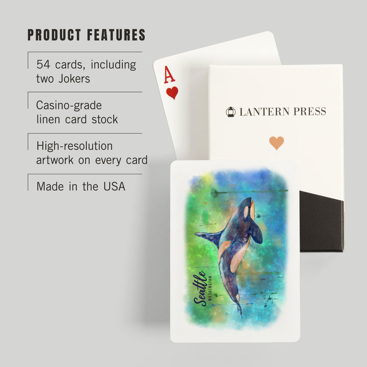Playing Cards, Seattle, Washington, Orca, Watercolor, 52 Card Deck with Jokers in Box, Unique Art