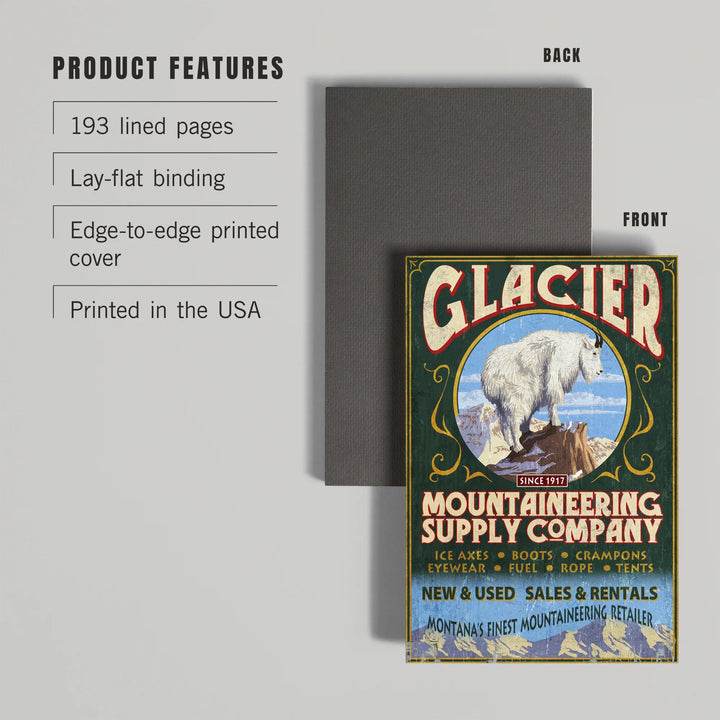 Lined 6x9 Journal, Glacier National Park, Montana, Mountain Goat Vintage Sign, Lay Flat, 193 Pages, FSC paper