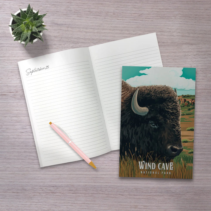 Lined 6x9 Journal, Wind Cave National Park, South Dakota, Bison, Painterly National Park Series, Lay Flat, 193 Pages, FSC paper