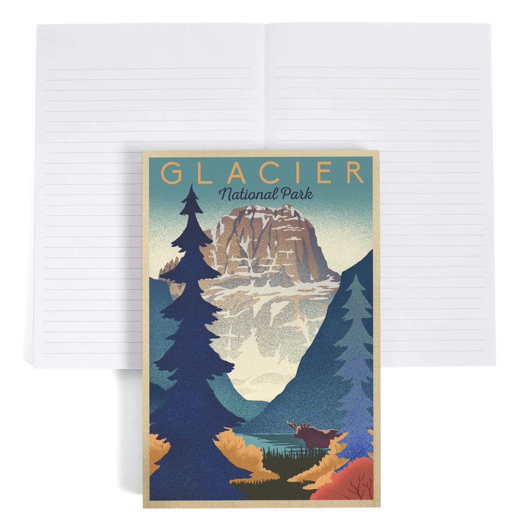 Lined 6x9 Journal, Glacier National Park, Mountain Scene, Lithograph, Lay Flat, 193 Pages, FSC paper