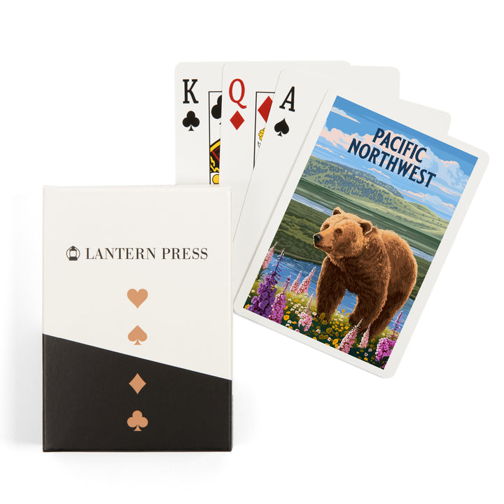 Playing Cards, Pacific Northwest, Painterly, Grizzly Bear in Meadow, 52 Card Deck with Jokers in Box, Unique Art
