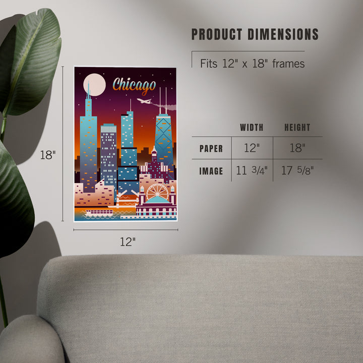 Chicago, Illinois, Retro Skyline Chromatic, Art & Giclee Prints