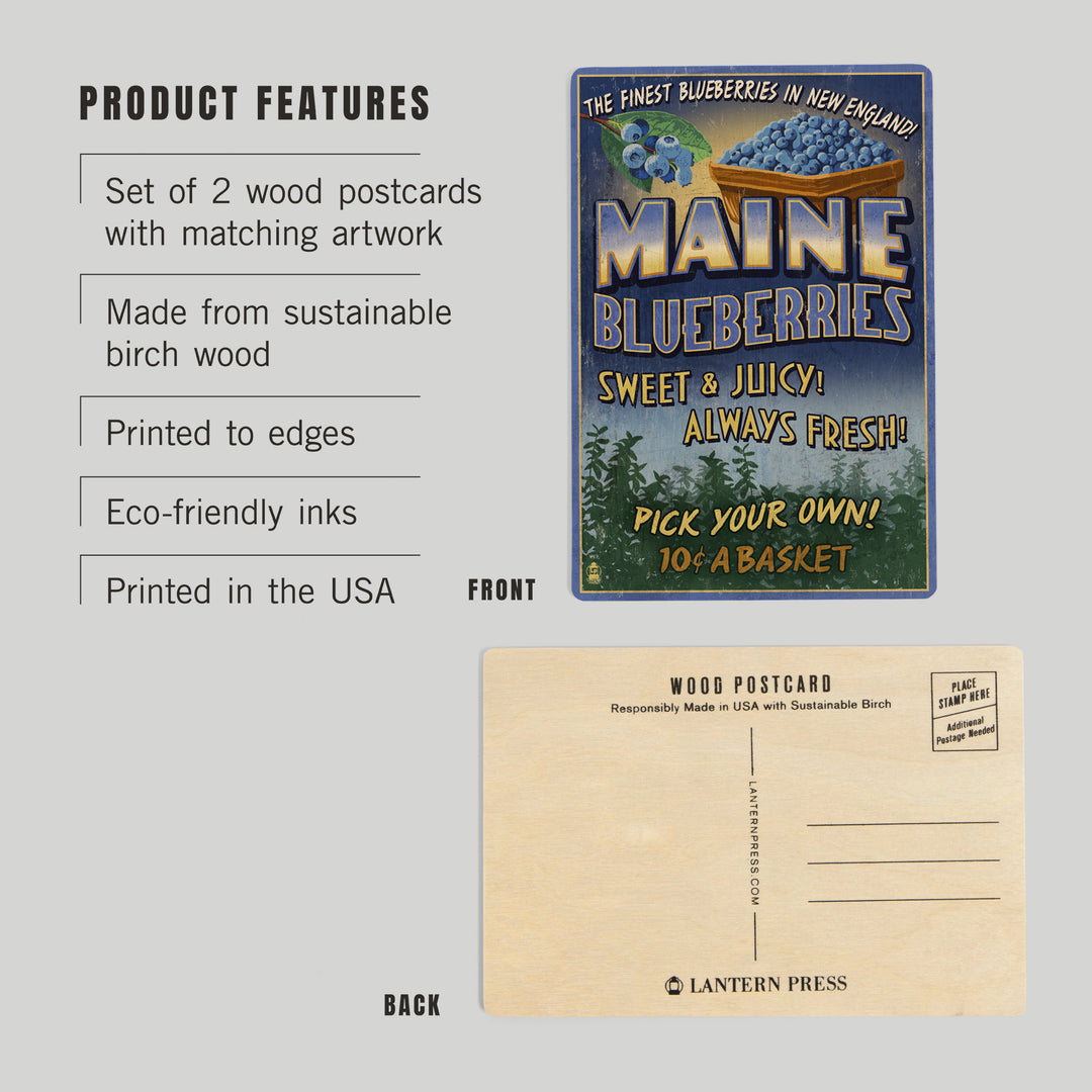 Maine, Blueberries Vintage Sign, Wood Sign and Postcards