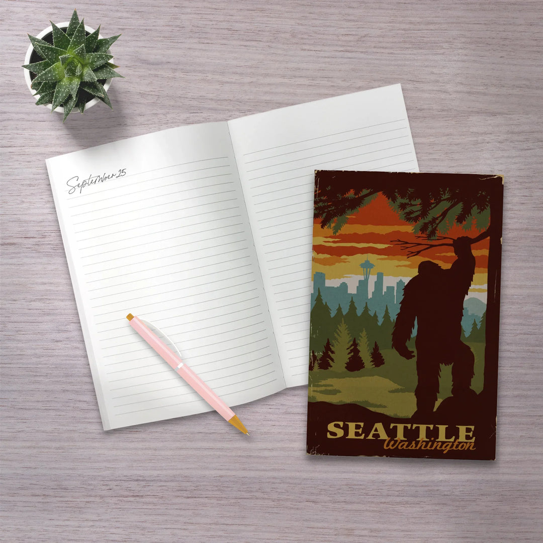 Lined 6x9 Journal, Seattle Skyline, Bigfoot, WPA Style, Lay Flat, 193 Pages, FSC paper