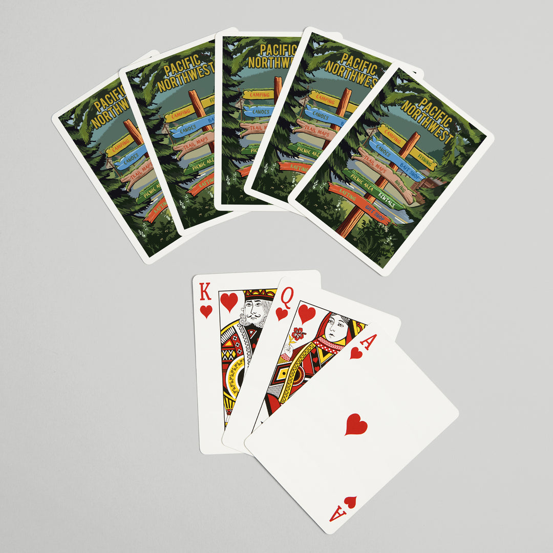 Playing Cards, Pacific Northwest, Signpost, Forest and Camp, 52 Card Deck with Jokers in Box, Unique Art