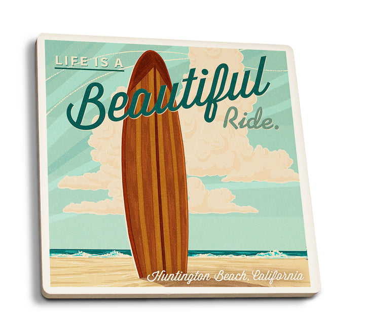 Huntington Beach, California, Surfboard Letterpress, Life is a Beautiful Ride Press, Coaster Set