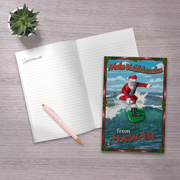 Lined 6x9 Journal, Merry Christmas from Hawaii, Santa Surfing, Lay Flat, 193 Pages, FSC paper