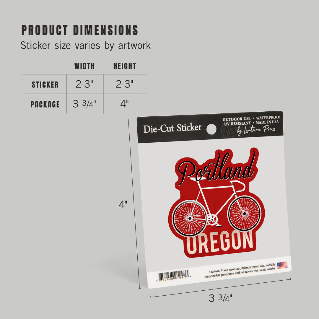 Portland, Oregon, Bike, Script Screenprint Style, Contour, Lantern Press Artwork, Vinyl Sticker