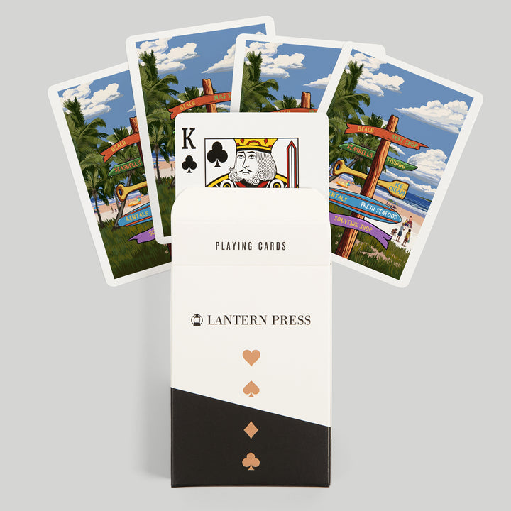 Playing Cards, Signpost, Coast Beach with Palms, 52 Card Deck with Jokers in Box, Unique Art