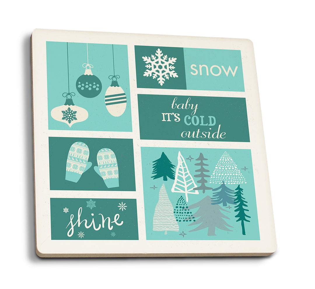 Christmas, Blue Snow, Checkerboard, Coaster Set