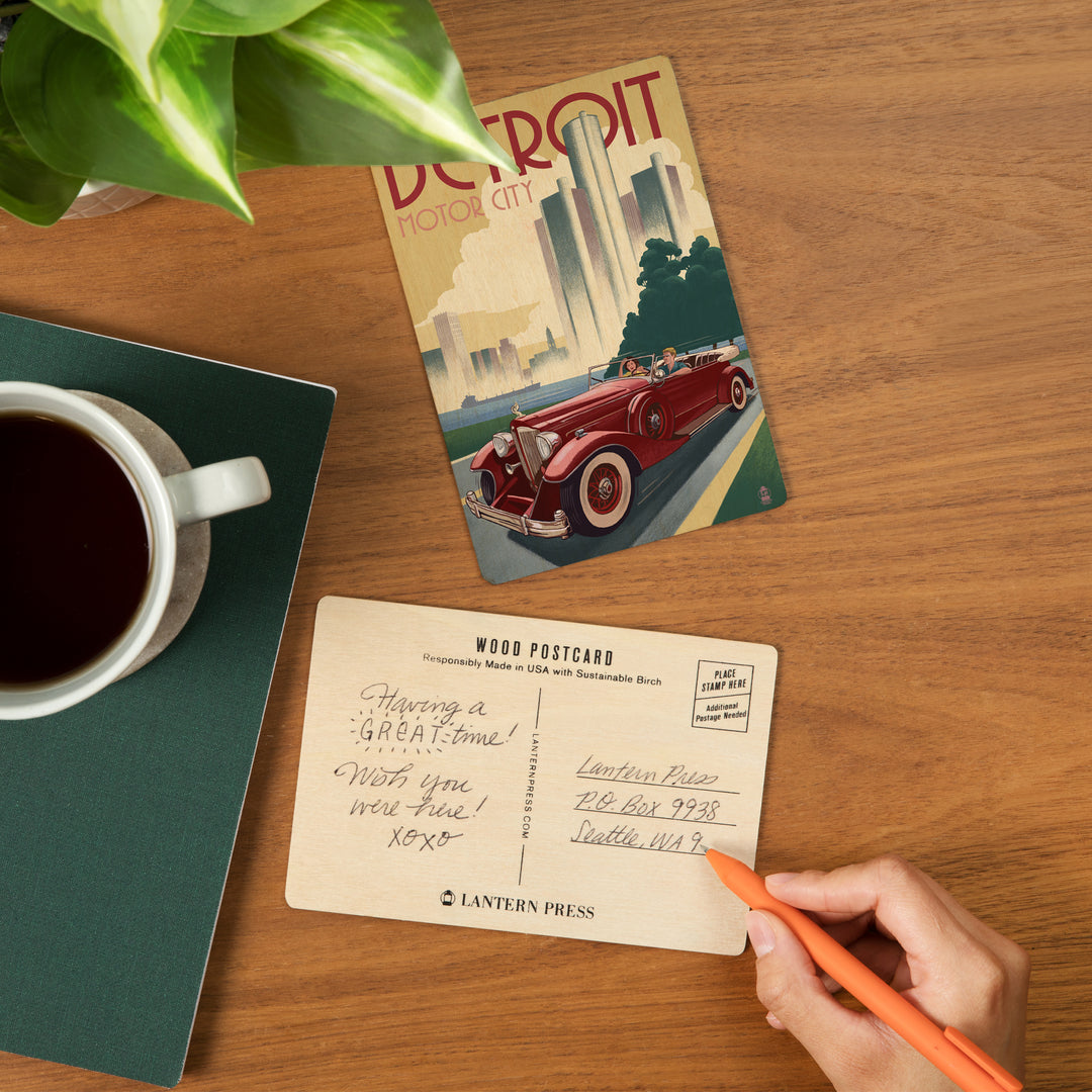 Detroit, Michigan, Vintage Car and Skyline, Wood Sign and Postcards